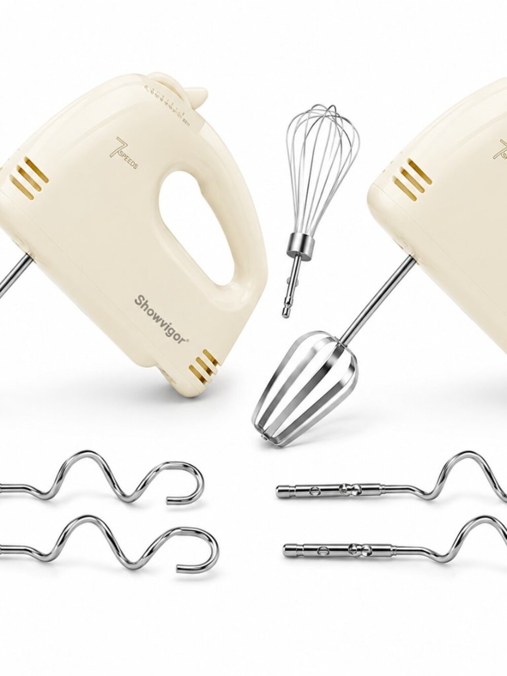 2 Portable Electric Hand Mixer 7-Speed with 5 Stainless Steel Attachments Beige